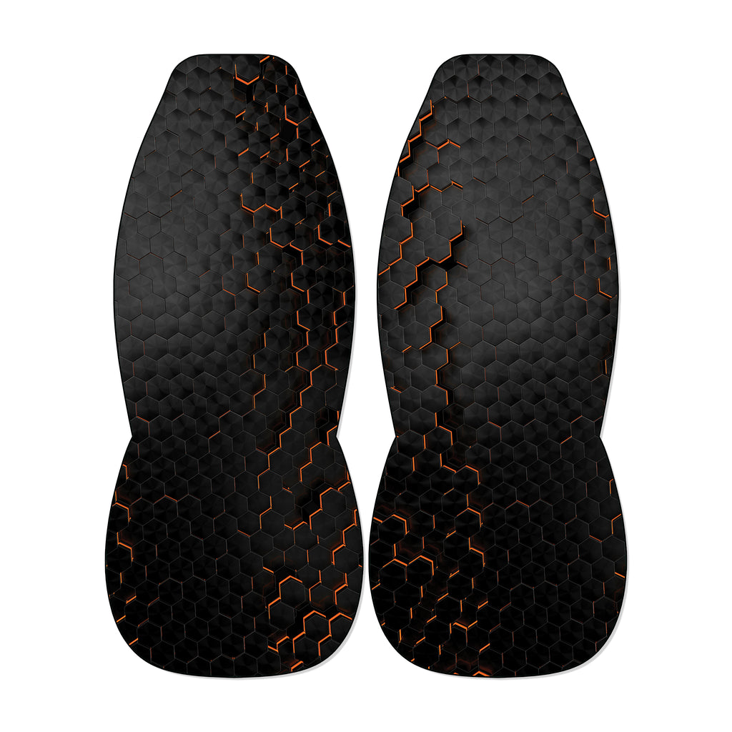 two black and orange hexagonal patterns, which appear to be a design element or a pattern on a surface.