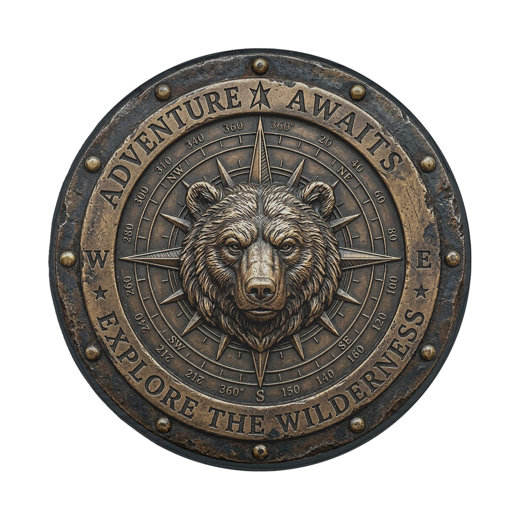a large, detailed metal compass with a bear's head at the center, surrounded by the words "Adventure Awaits" and "Exploration Wilderness".