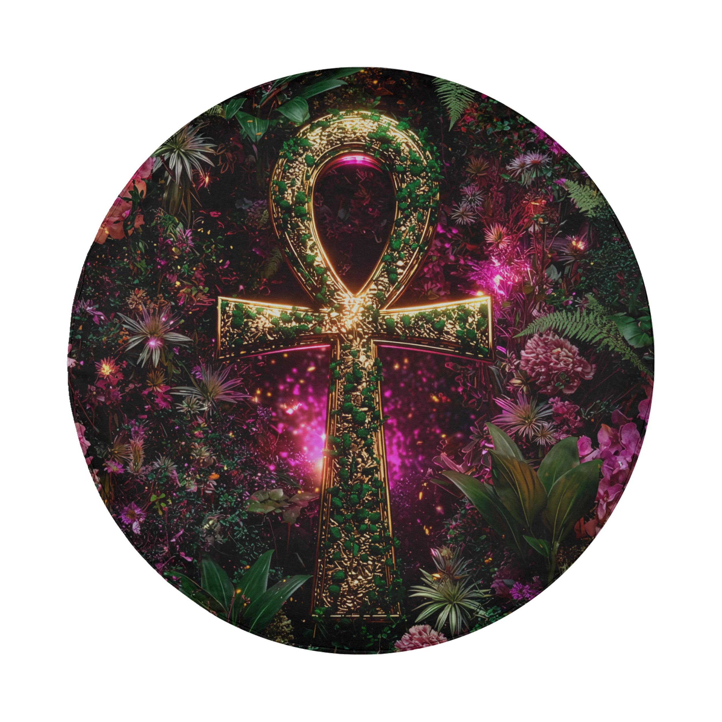 a large, ornate symbol surrounded by a lush, colorful garden filled with various plants and flowers.