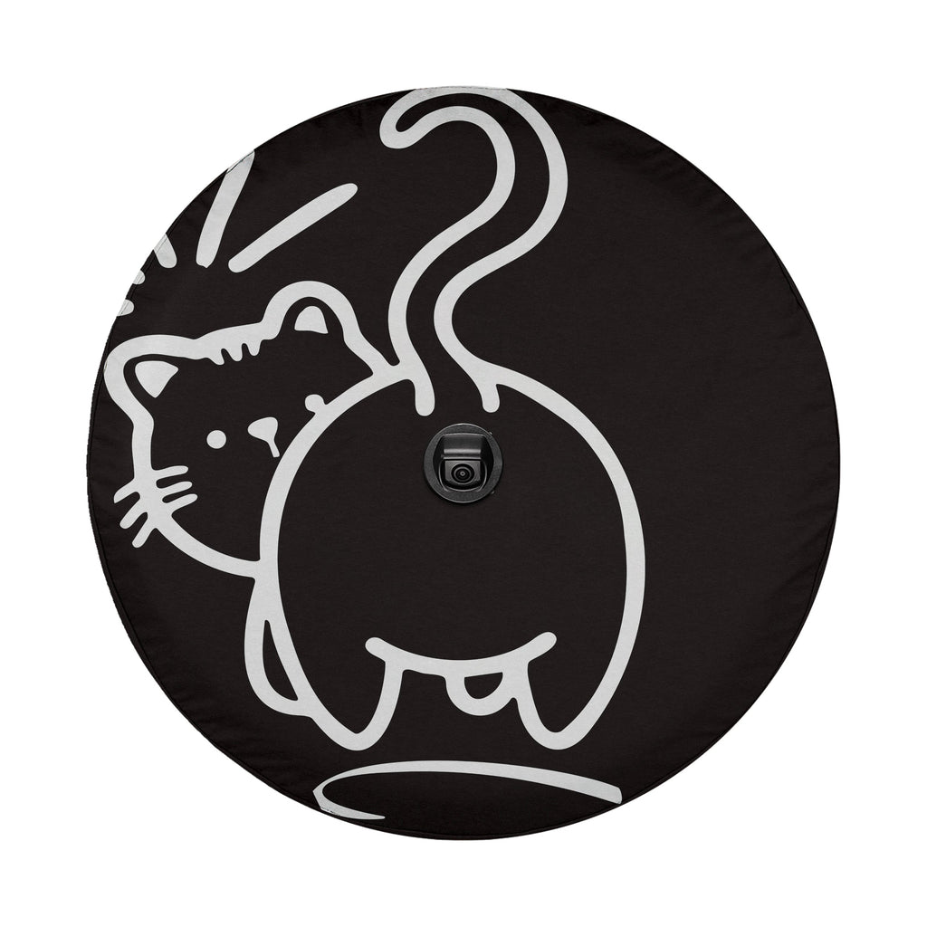 A black and white image of a cat with a camera attached to its tail.