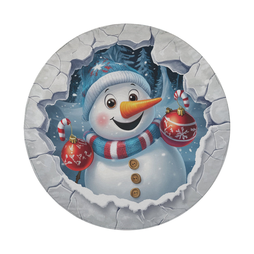 Round tire cover featuring a smiling snowman peeking from a cracked stone wall with ornaments