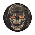 Flat burning reflections spare tire cover artwork showing helmeted skull with flame sunglasses and cigar smoke