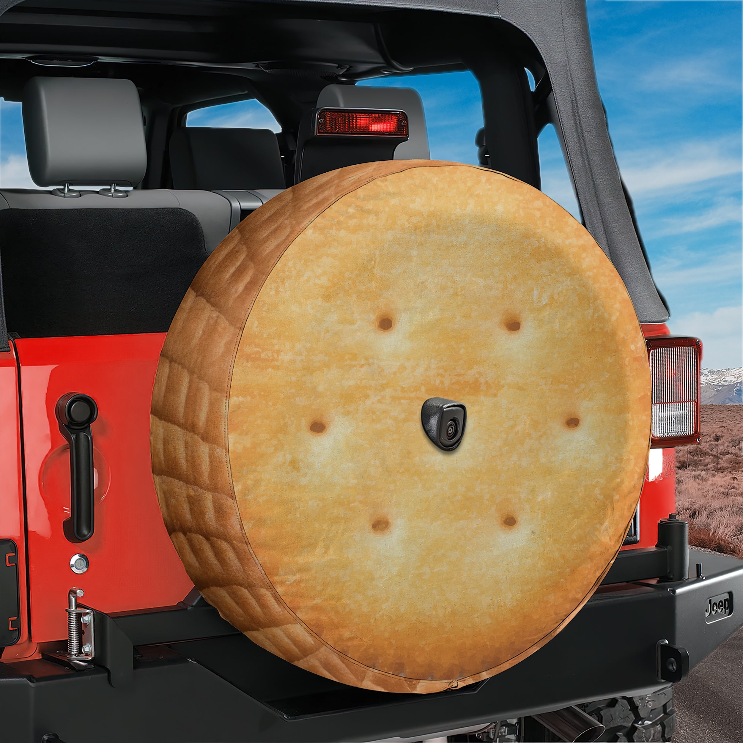 Buttery round cracker stack spare tire cover with backup camera hole option printed design