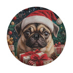 Round flat tire cover art of a pug wearing a red Santa hat with wrapped presents and ornaments