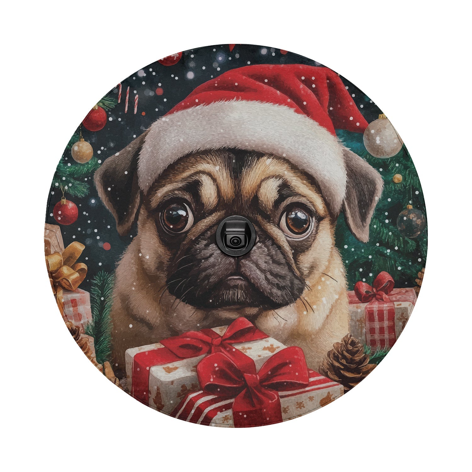 Round flat tire cover art of a pug wearing a red Santa hat with wrapped presents and ornaments