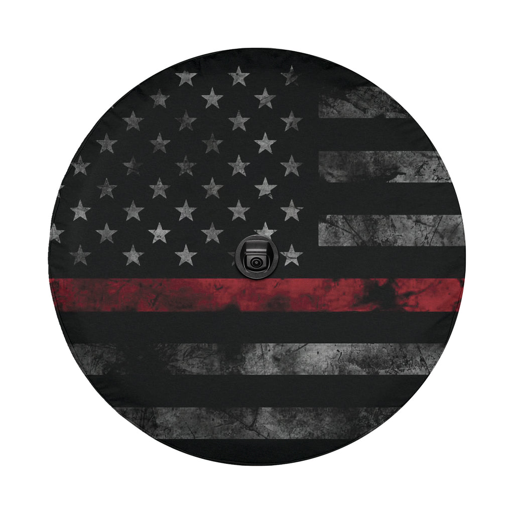 Thin Red Line Subdued American Flag spare tire cover round product view with distressed flag and red stripe detail