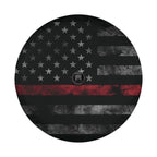 Thin Red Line Subdued American Flag spare tire cover round product view with distressed flag and red stripe detail