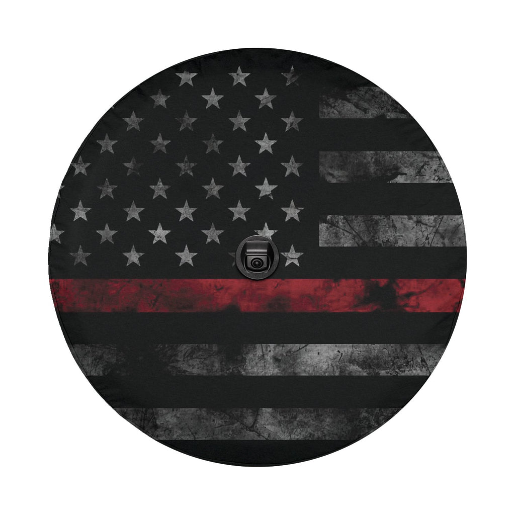 Thin Red Line Subdued American Flag spare tire cover flat art with a distressed black field and a single red stripe