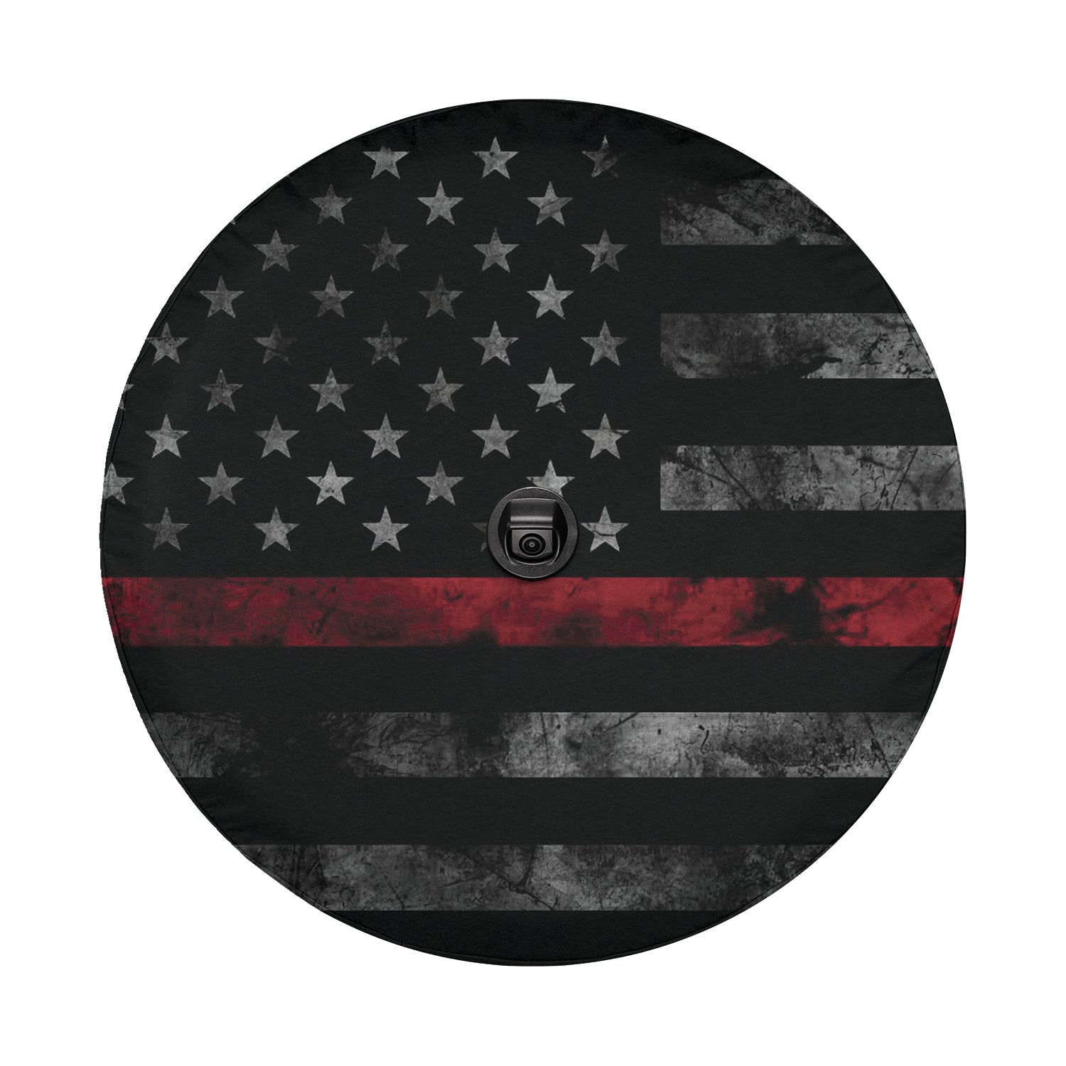 Thin Red Line Subdued American Flag spare tire cover flat art with a distressed black field and a single red stripe