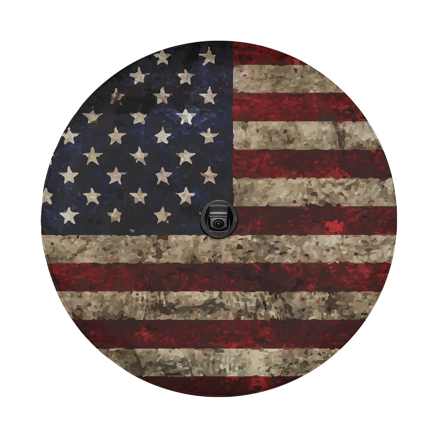 Rustic American flag spare tire cover on black Jeep Wrangler with Graffix plate showing distressed flag artwork