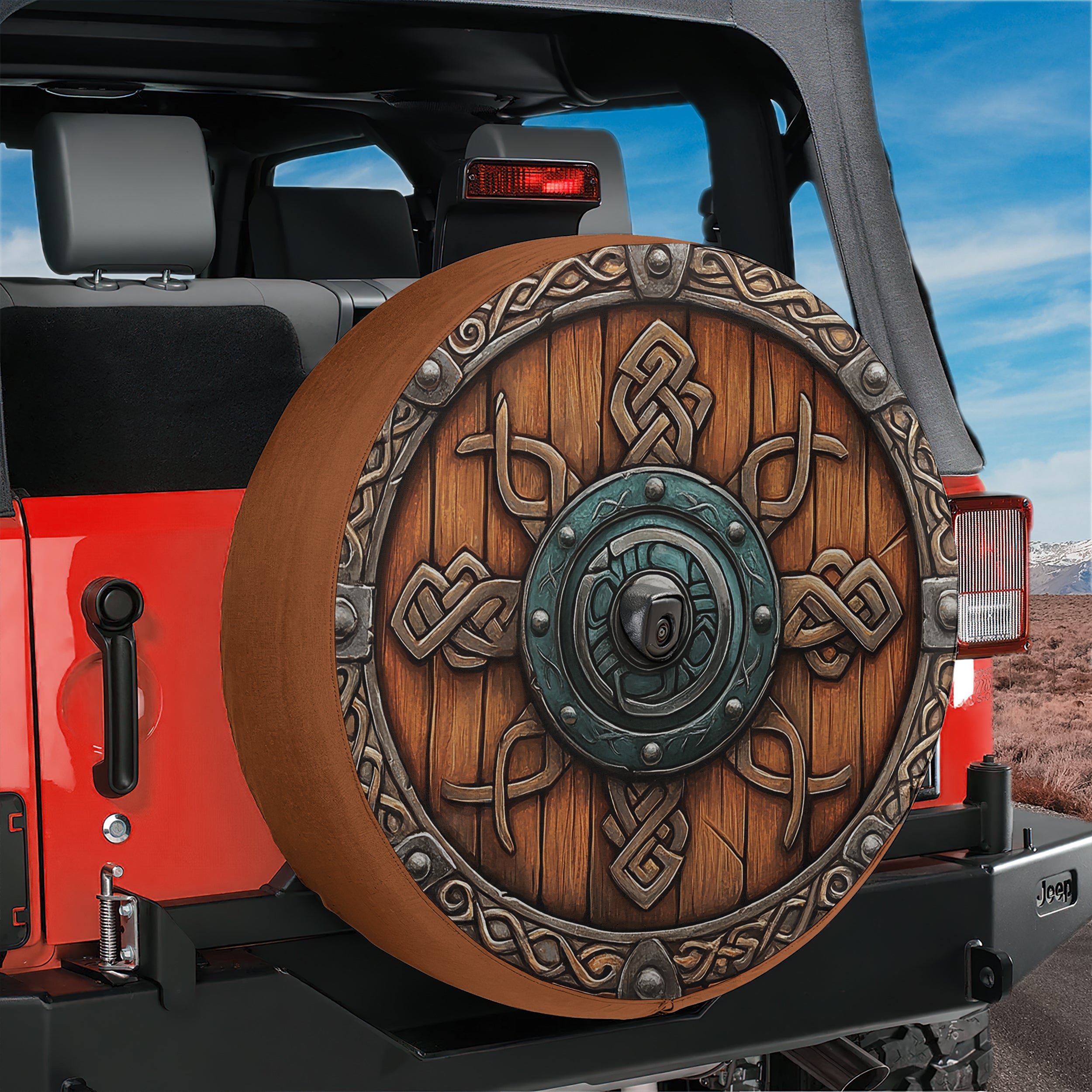 Viking Celtic shield spare tire cover with Norse knotwork printed design