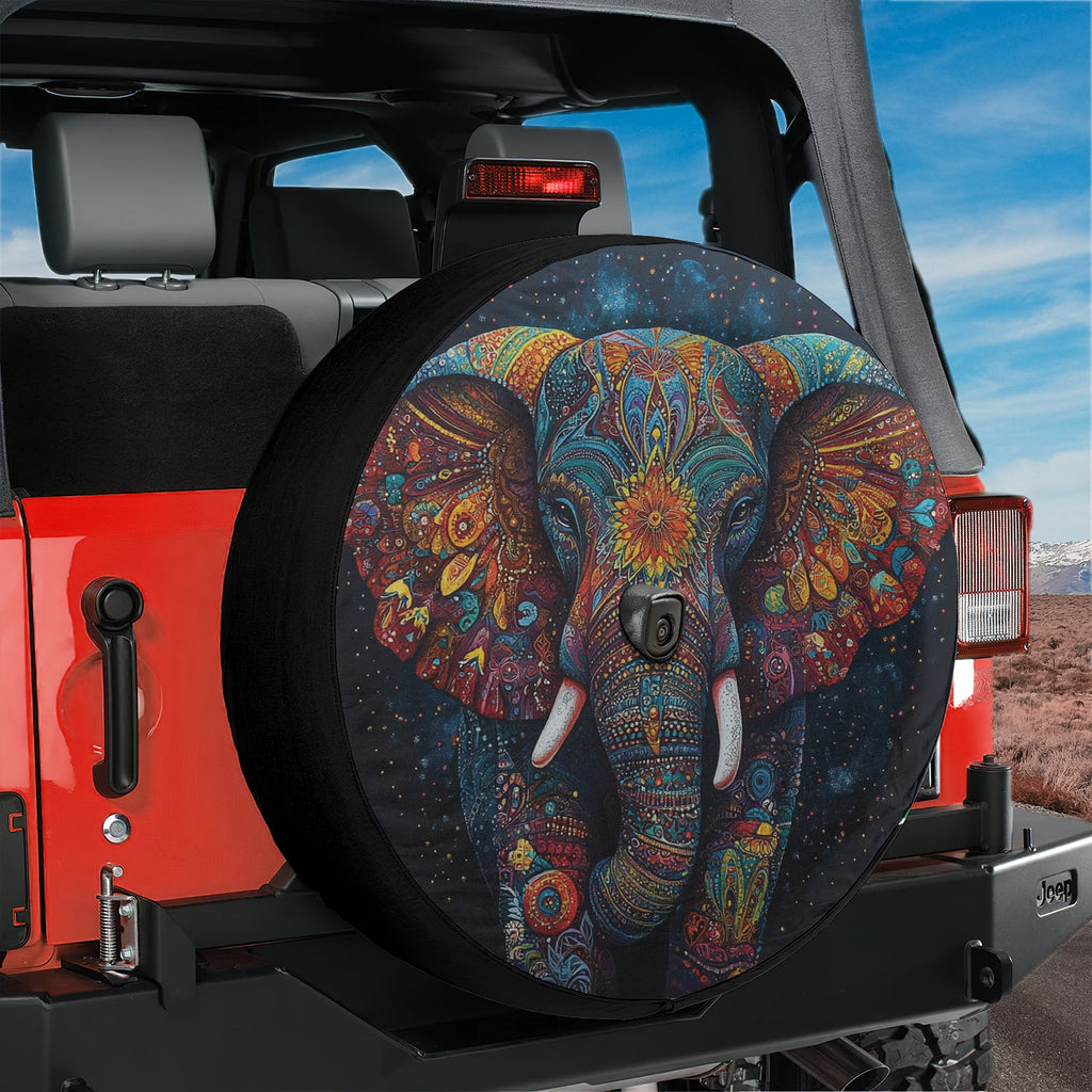 Rainbow mandala elephant ornate detailed tire cover flat standalone view with starry night backdrop