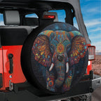 Rainbow mandala elephant ornate detailed tire cover flat standalone view with starry night backdrop