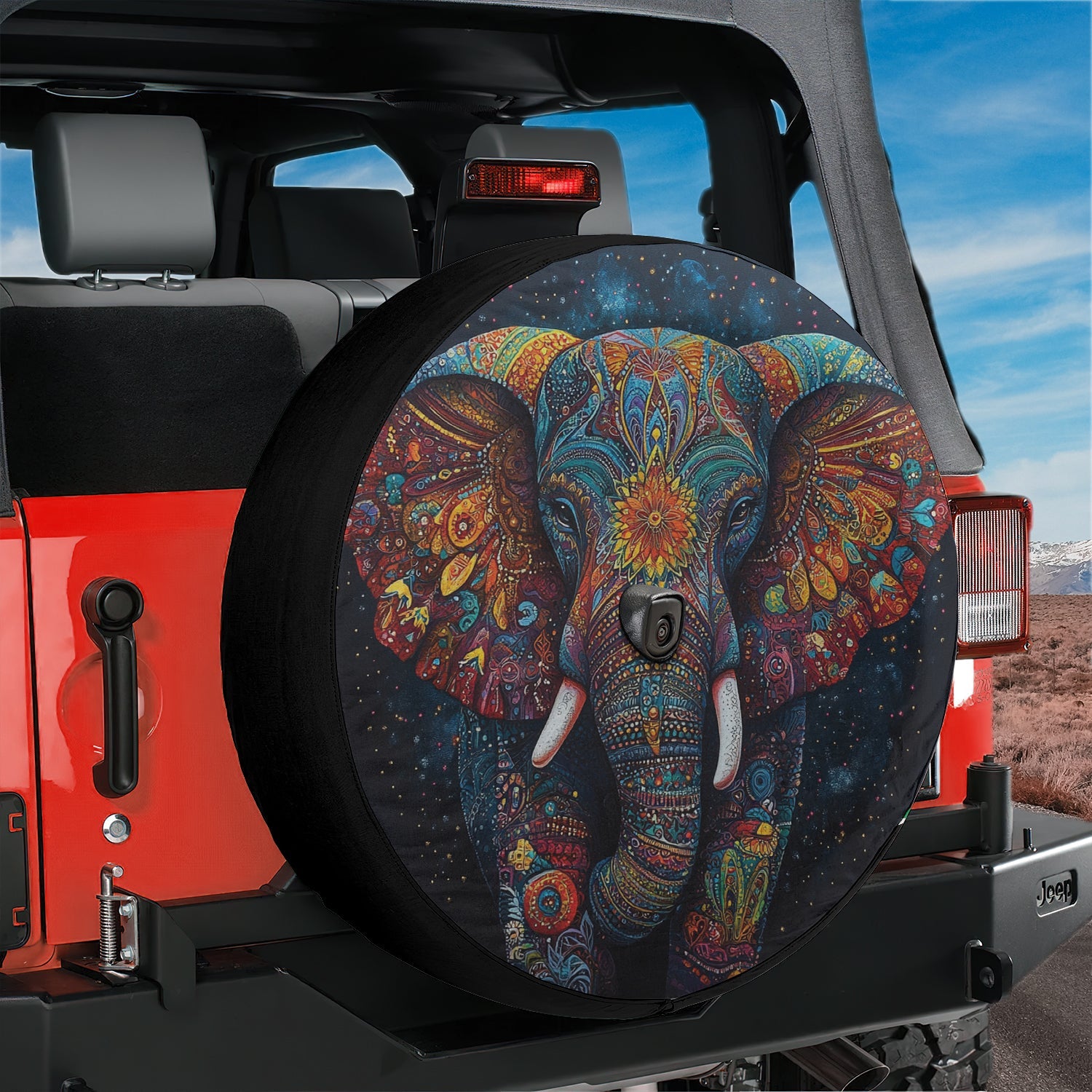 Rainbow mandala elephant ornate detailed tire cover flat standalone view with starry night backdrop
