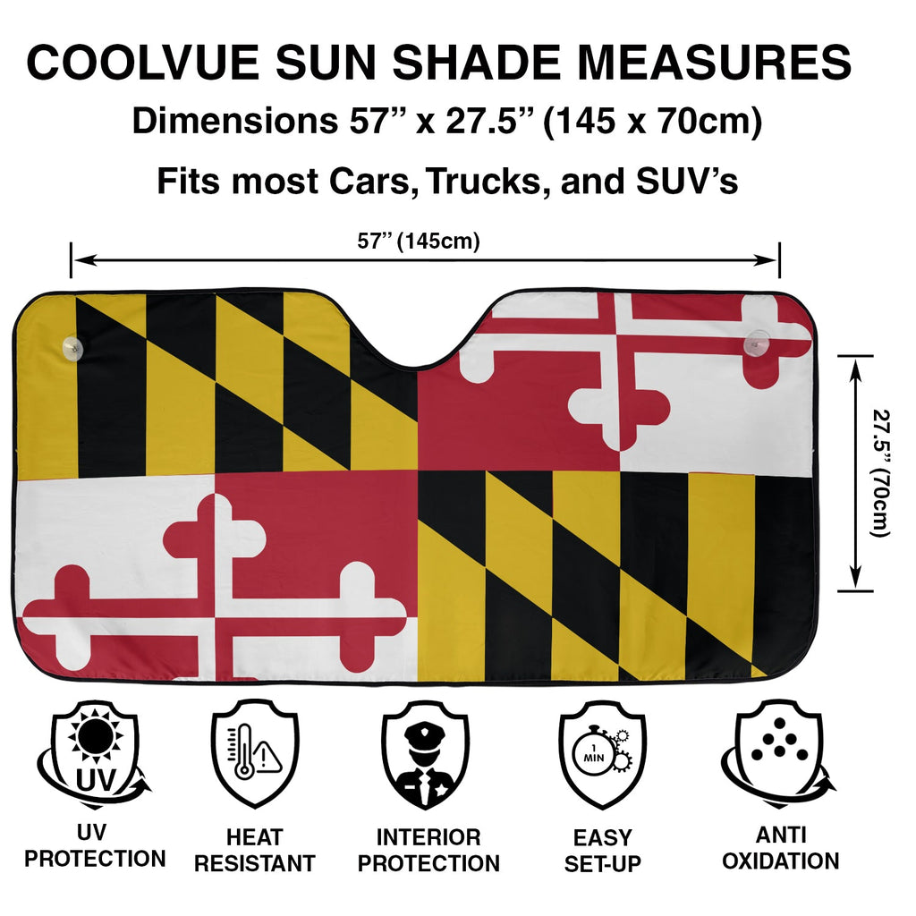 Maryland State Flag windshield sunshade specs panel with 57 by 27.5 inch dimensions plus UV protection icons