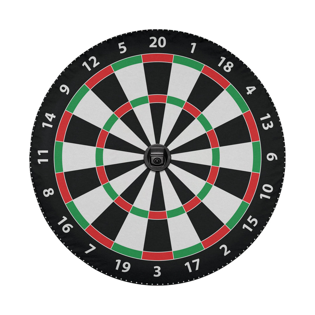 Round dartboard pattern spare tire cover featuring traditional black red green segment design