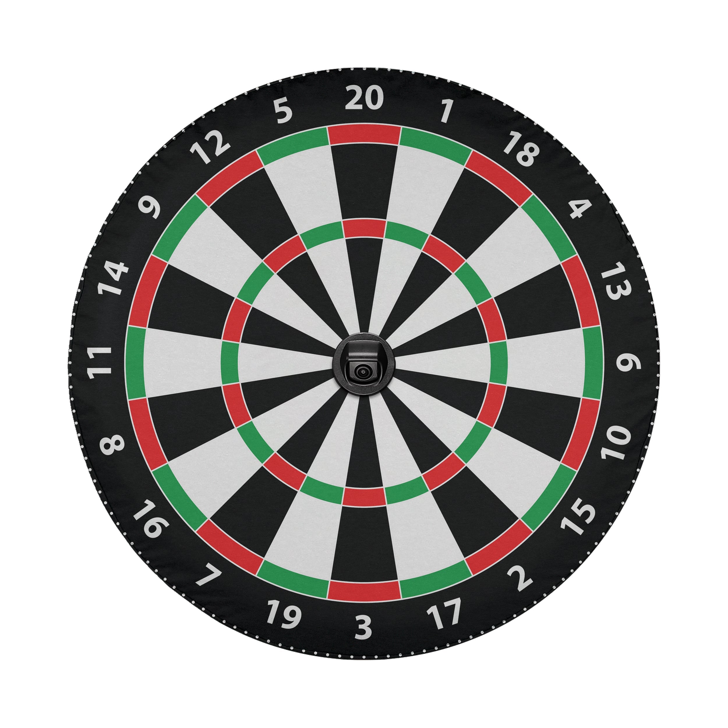 Round dartboard pattern spare tire cover featuring traditional black red green segment design