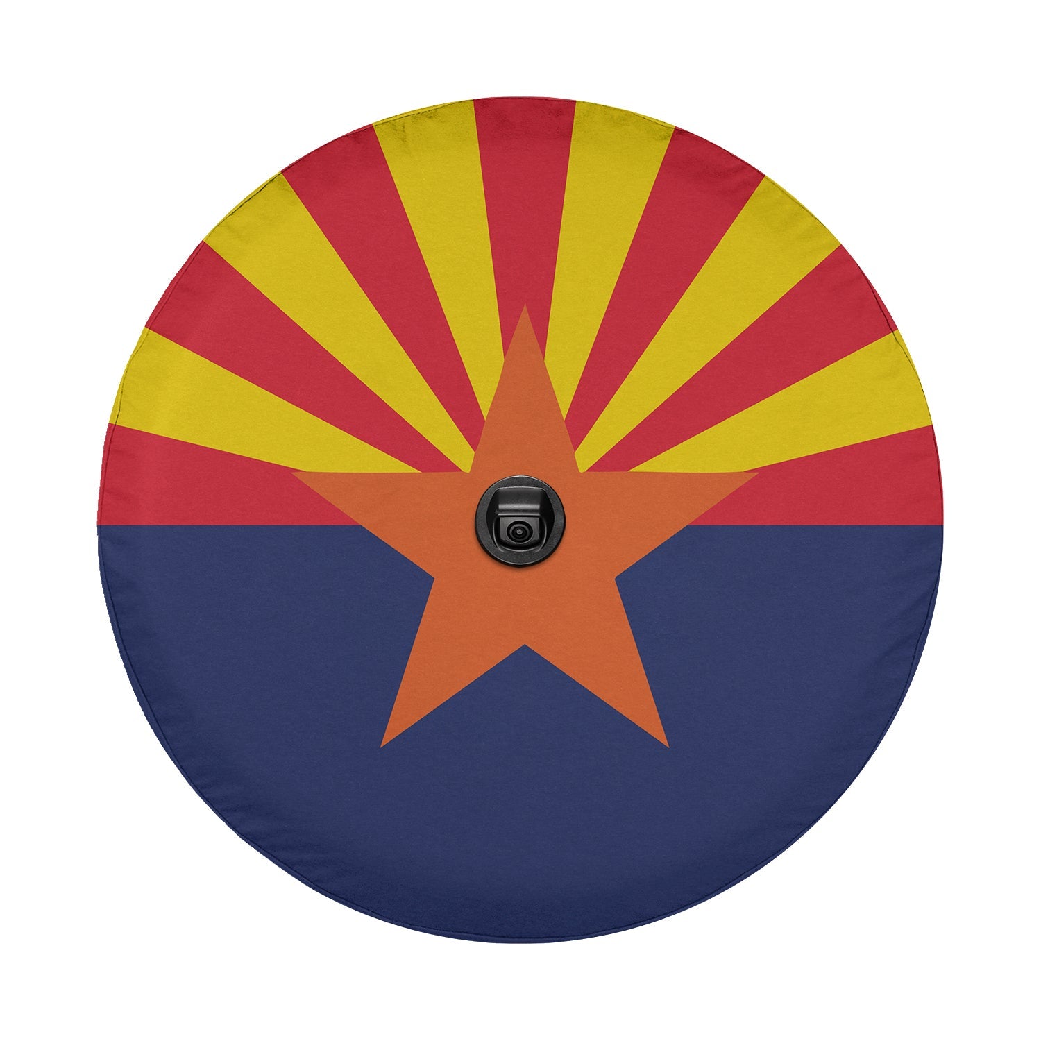 Arizona State Flag spare tire cover detail showing red and yellow rays and copper star with camera cutout