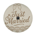 Just Married spare tire cover front view with champagne toast ring and script lettering