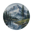 A serene landscape featuring a mountain range with snow-capped peaks, surrounded by pine trees and a calm lake reflecting the mountains.