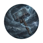 A large, imposing hammer with a lightning bolt symbol on it, surrounded by a stormy, mountainous landscape with lightning and rain.