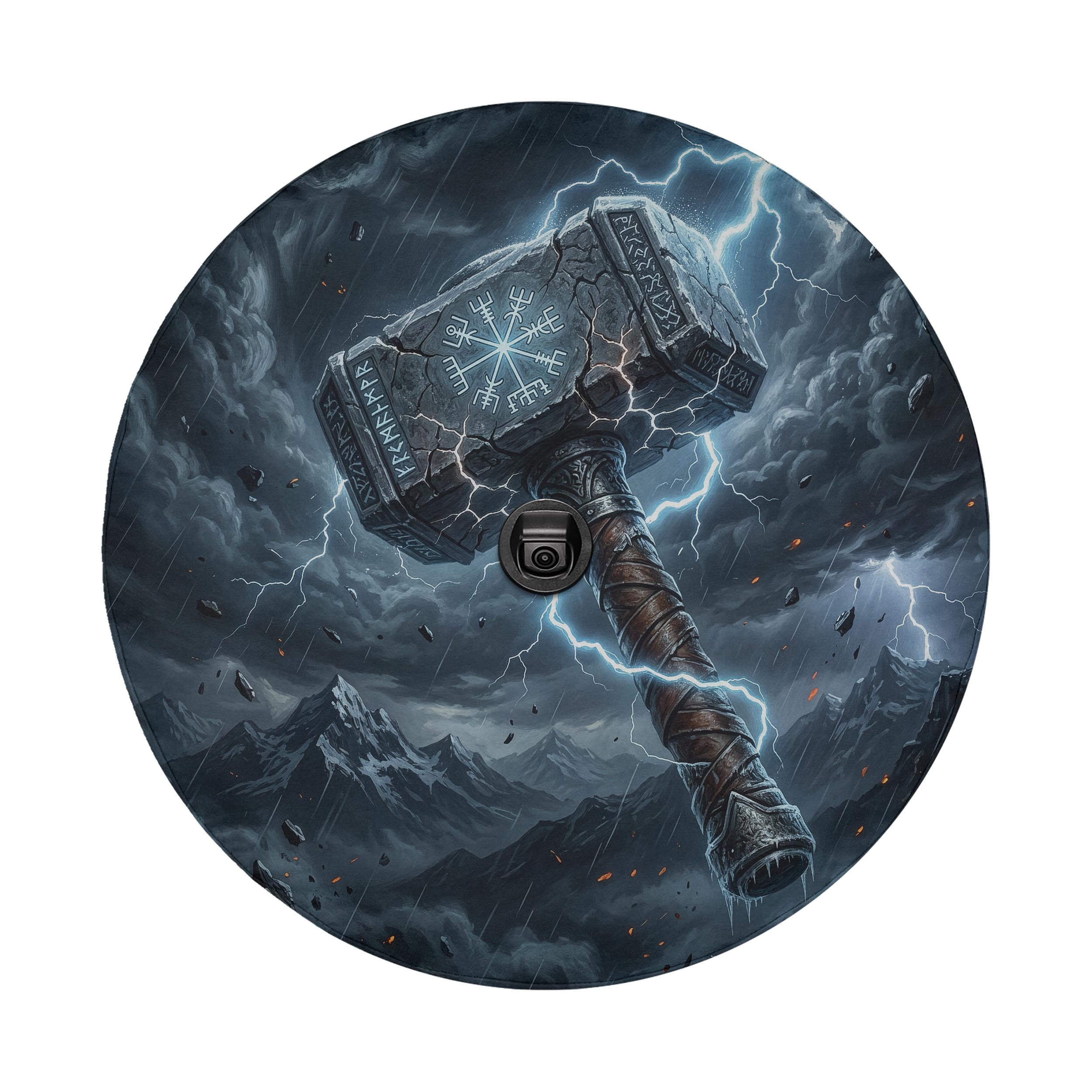 A large, imposing hammer with a lightning bolt symbol on it, surrounded by a stormy, mountainous landscape with lightning and rain.