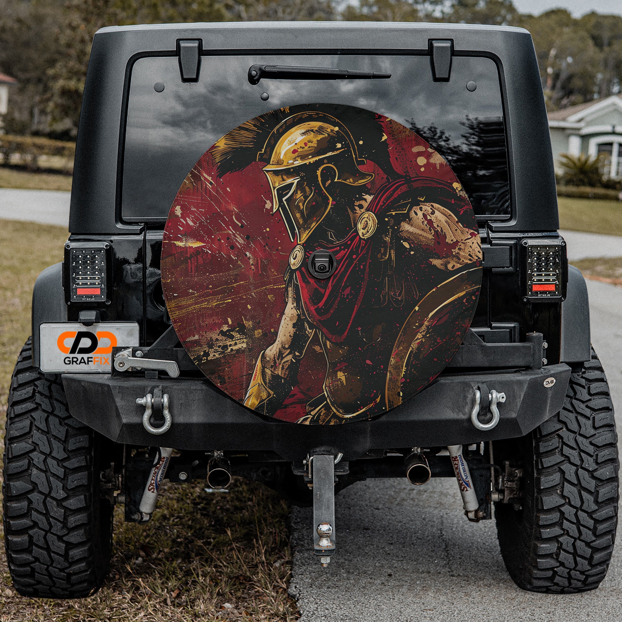 Spartan Warrior design printed spare tire cover with optional backup camera hole by Graffix