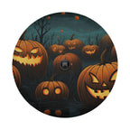 A collection of jack-o'-lanterns with carved faces and glowing orange eyes, set against a dark, spooky background with floating orange and red objects.