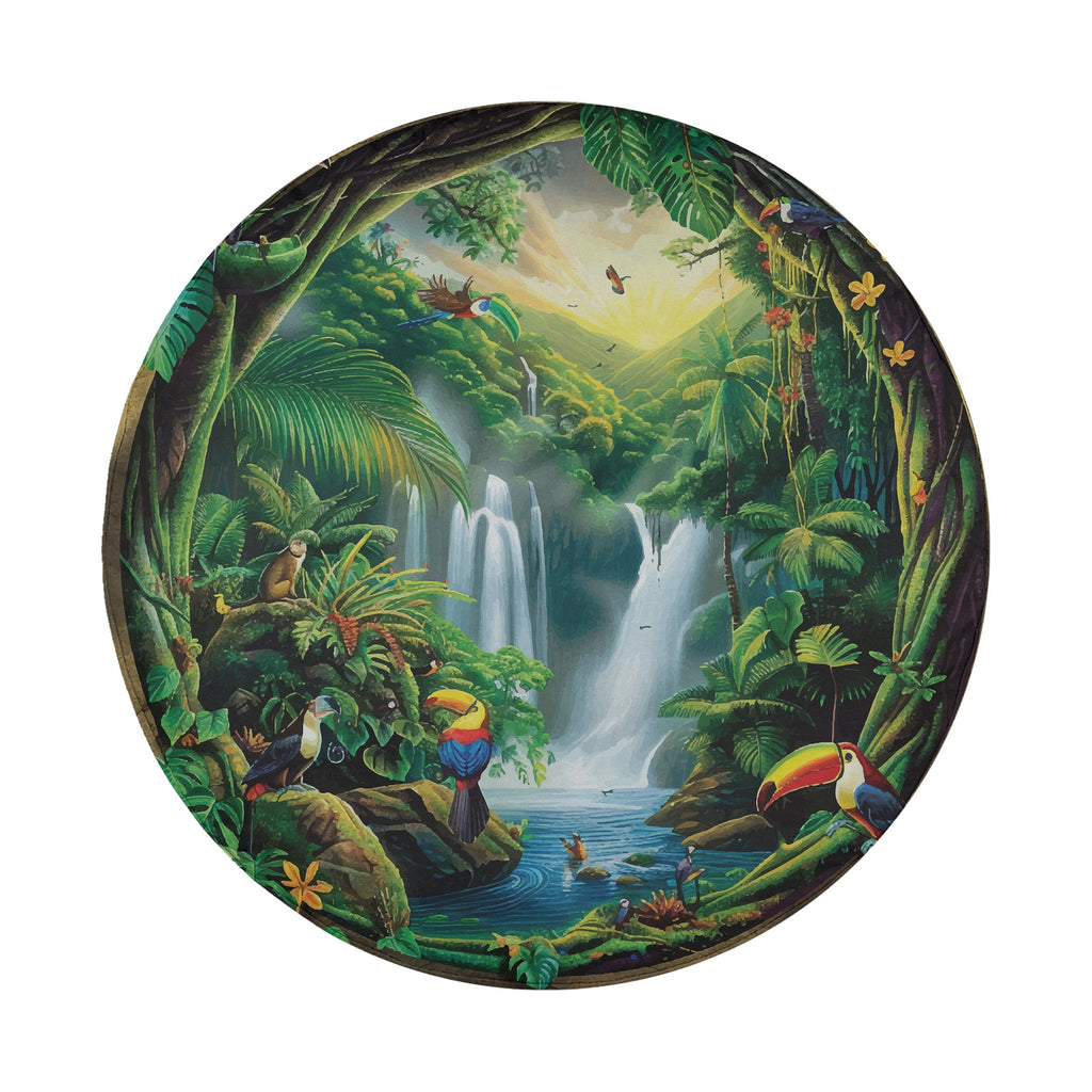 Tropical paradise escape tire cover on a black Jeep Wrangler with waterfalls palm trees and jungle birds