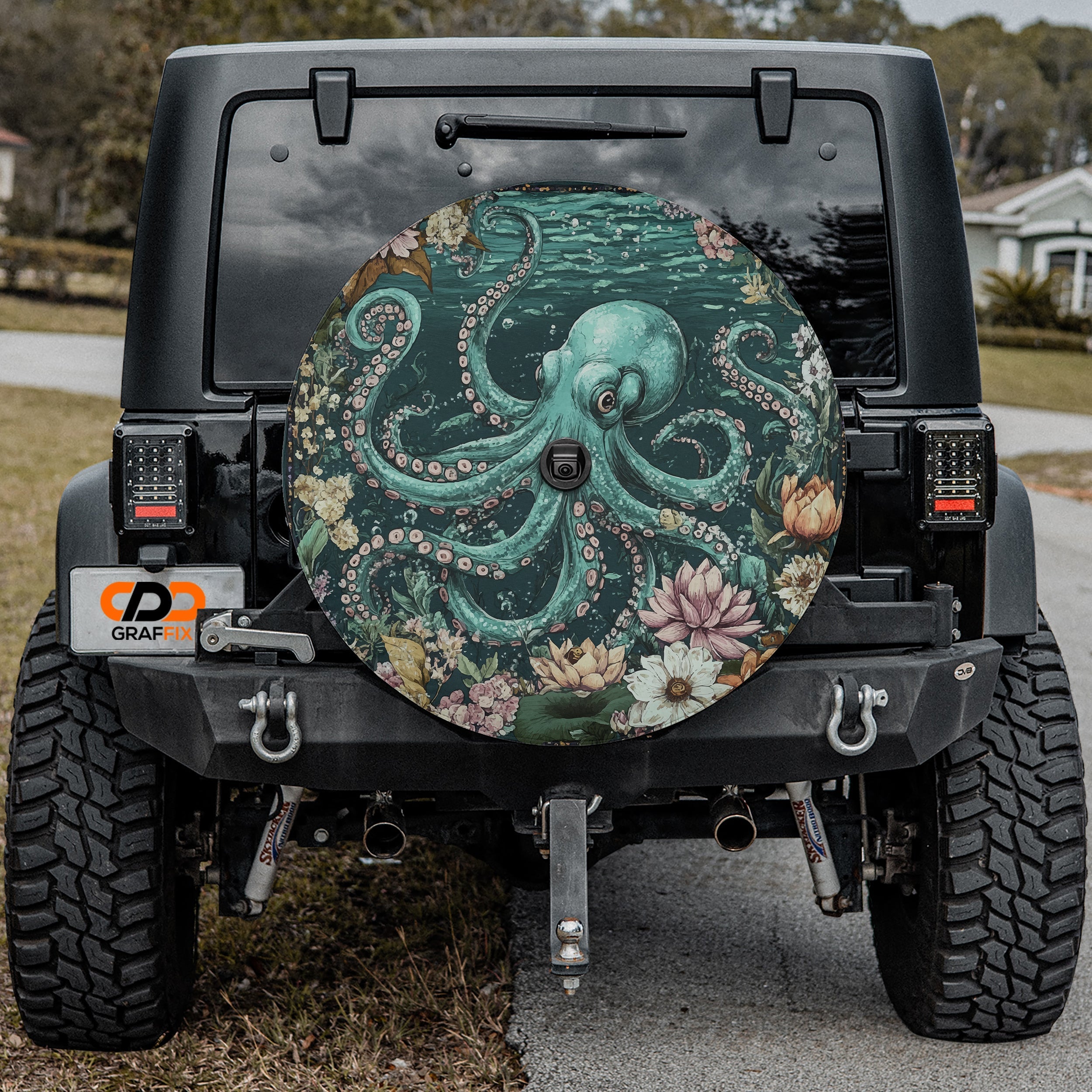 Enchanted octopus spare tire cover flat-lay teal octopus floral artwork product view