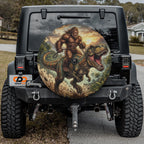 a Jeep Wrangler with a large dinosaur-themed decal on the rear window.