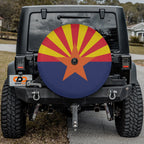 Arizona State Flag spare tire cover on black Jeep Wrangler rear with state flag rays and copper star