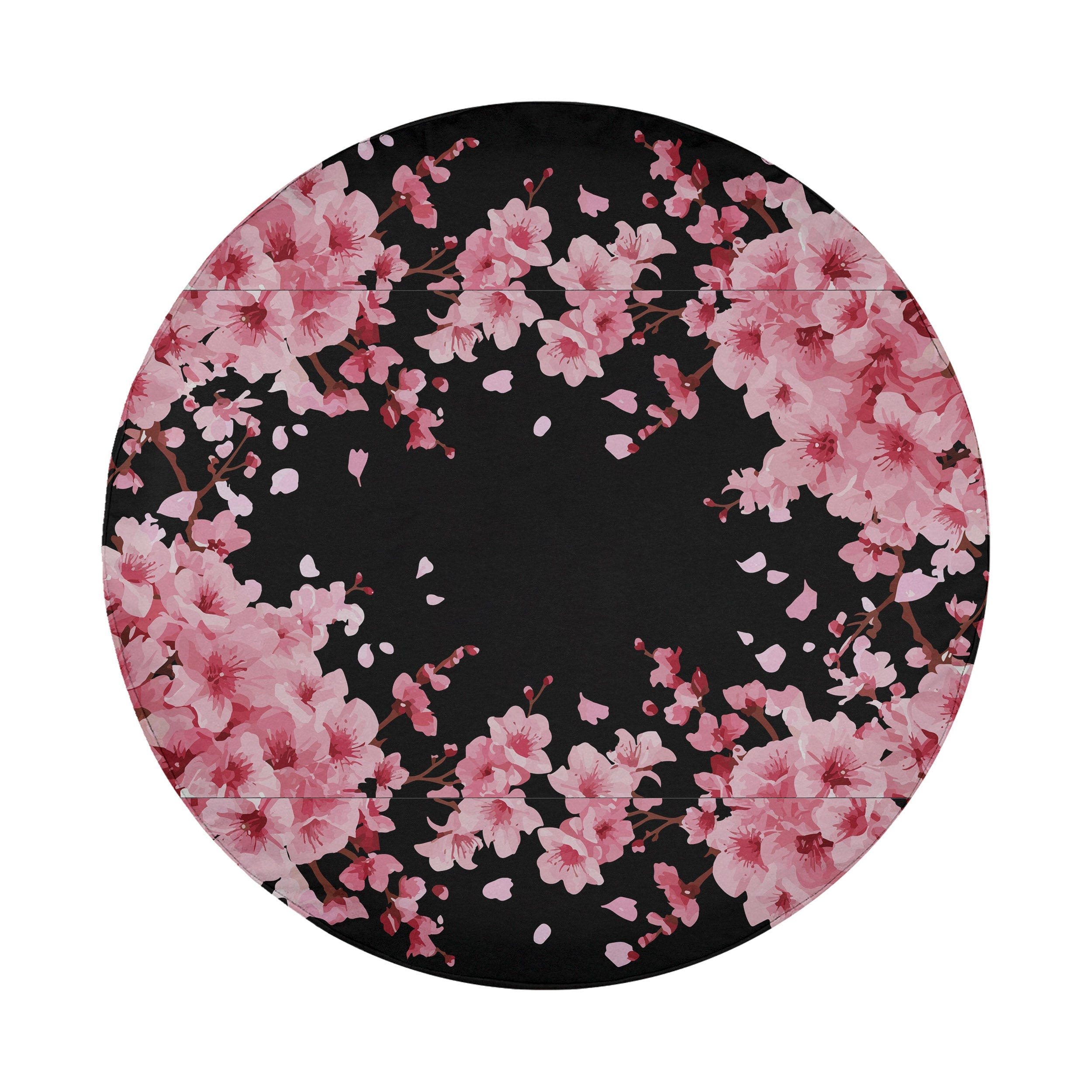 Japanese cherry blossom pink floral wreath spare tire cover standalone product photograph on black