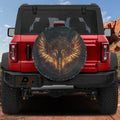 Flat Norse Valkyrie wings spare tire cover artwork with golden feathered wings and rune circle on dark canvas