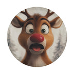 Surprised Rudolph reindeer cartoon spare tire cover artwork with red nose snowy forest background art