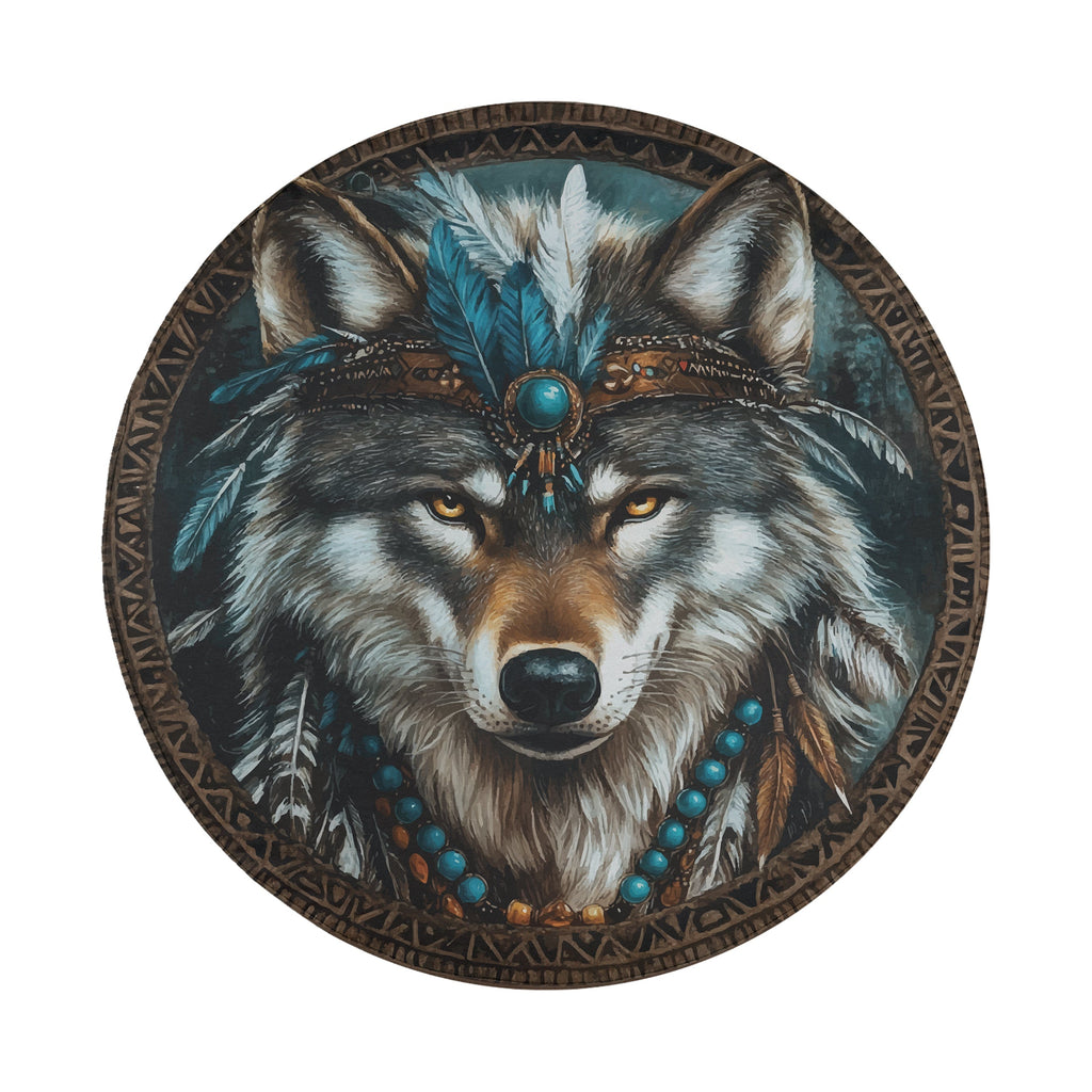 Native American turquoise wolf spare tire cover side view showing fabric grommet trim
