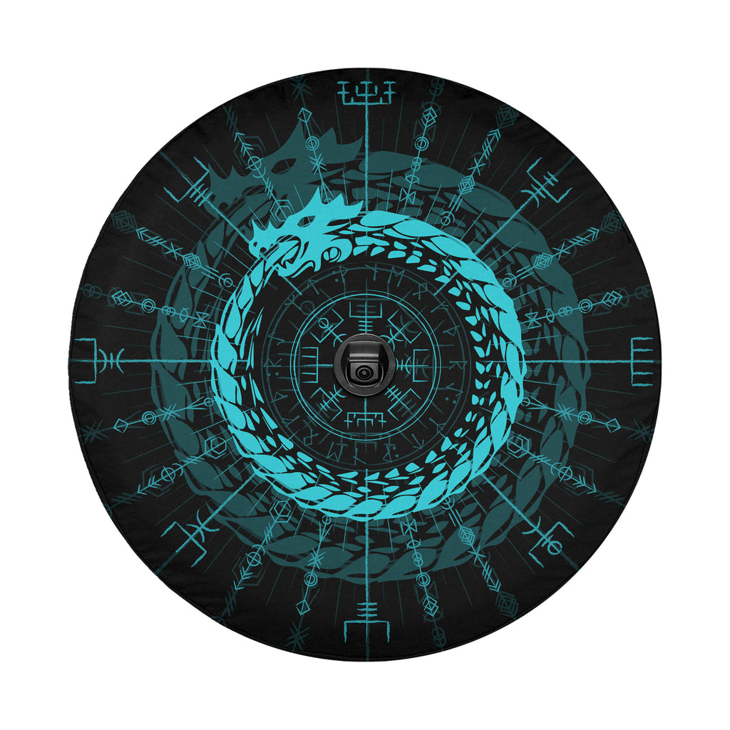a circular design with a blue dragon-like creature at the center, surrounded by intricate patterns and symbols.