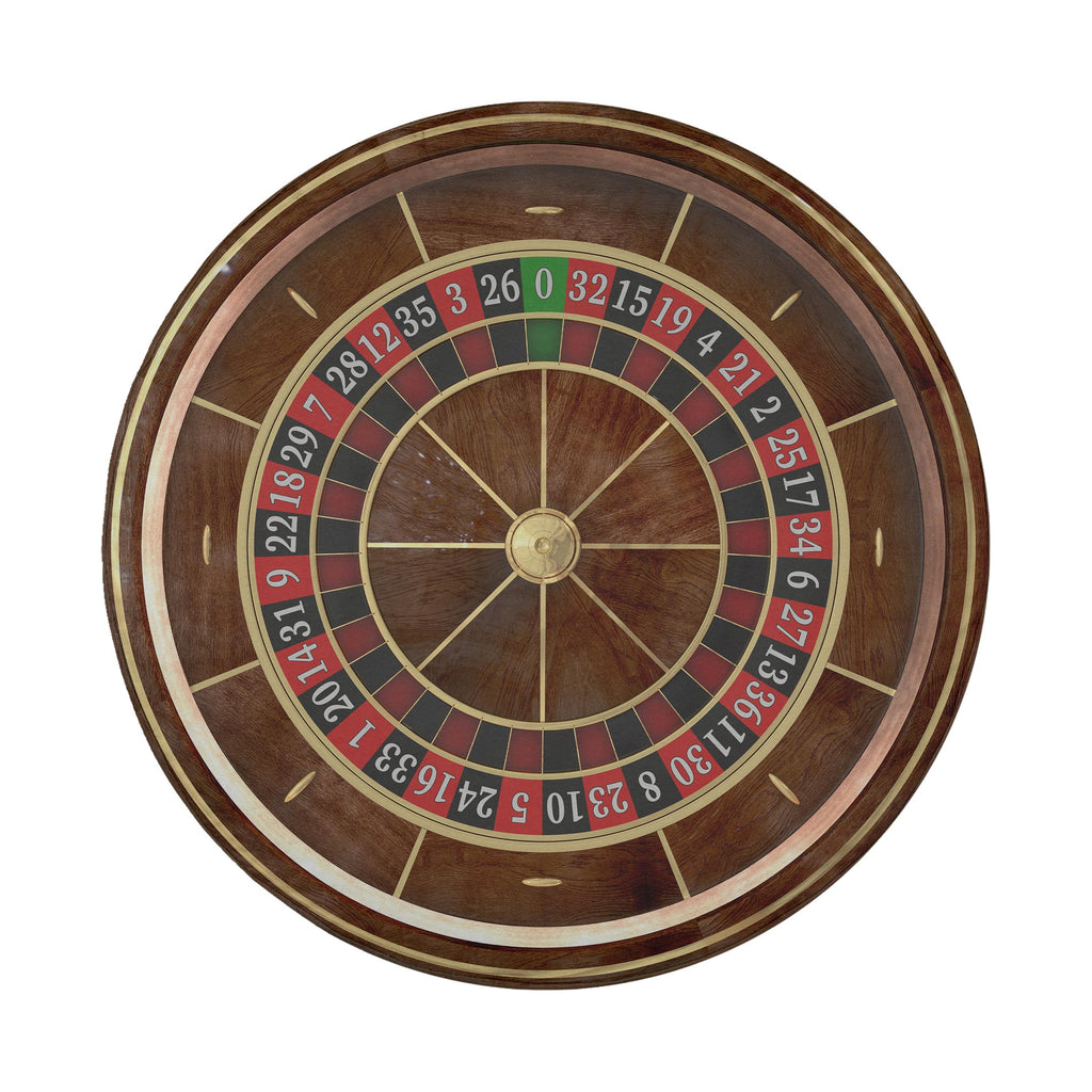 a wooden roulette wheel with numbers and symbols on it, indicating the outcome of a game of roulette.