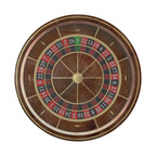 a wooden roulette wheel with numbers and symbols on it, indicating the outcome of a game of roulette.