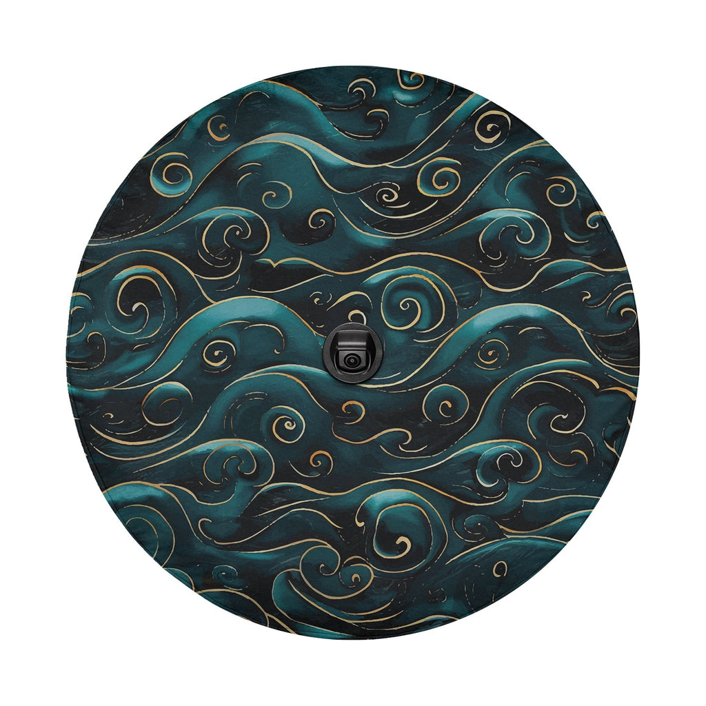 Golden teal waves tire cover closeup with backup camera cutout surrounded by swirling teal sea wave art