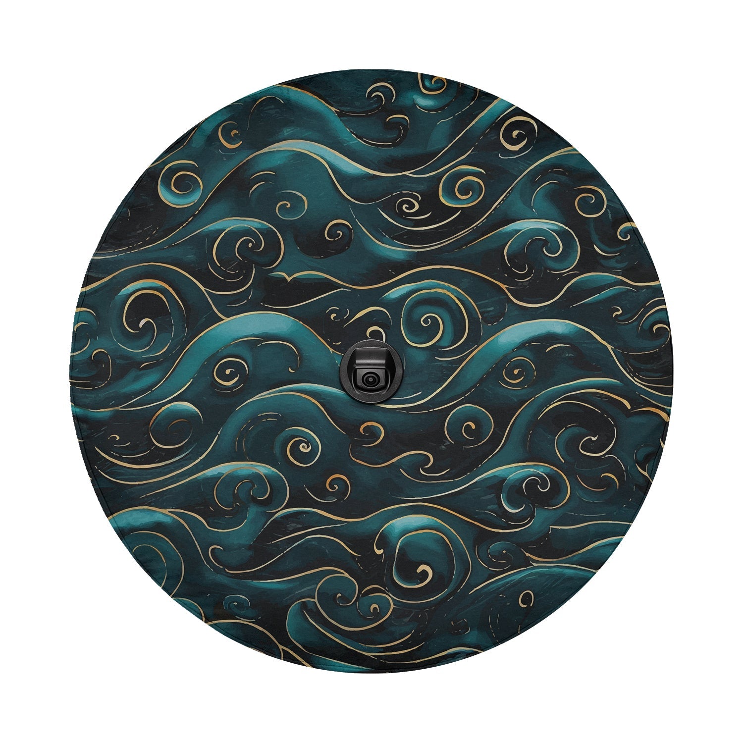 Golden teal waves tire cover closeup with backup camera cutout surrounded by swirling teal sea wave art
