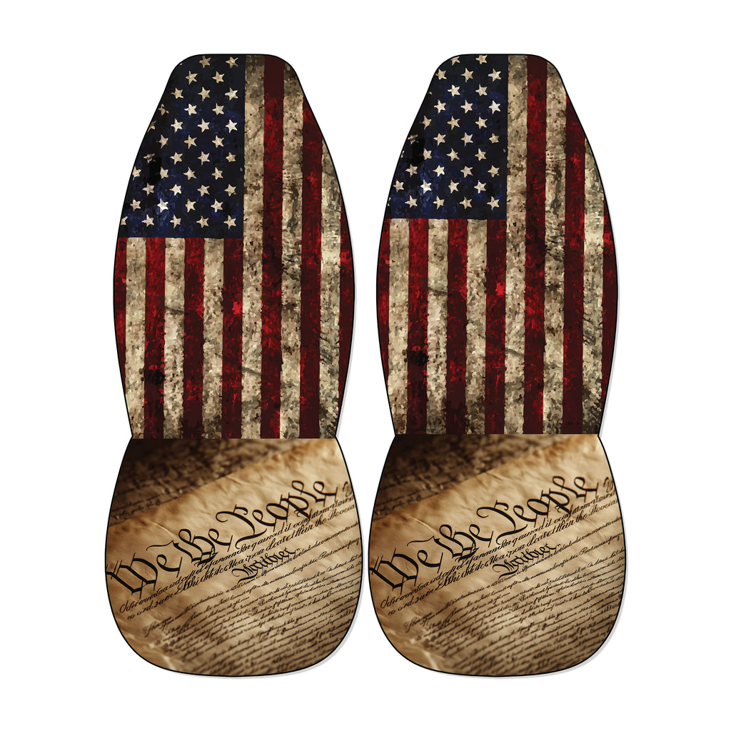 two car seat covers with the American flag design and the phrase "We be people" printed on them.