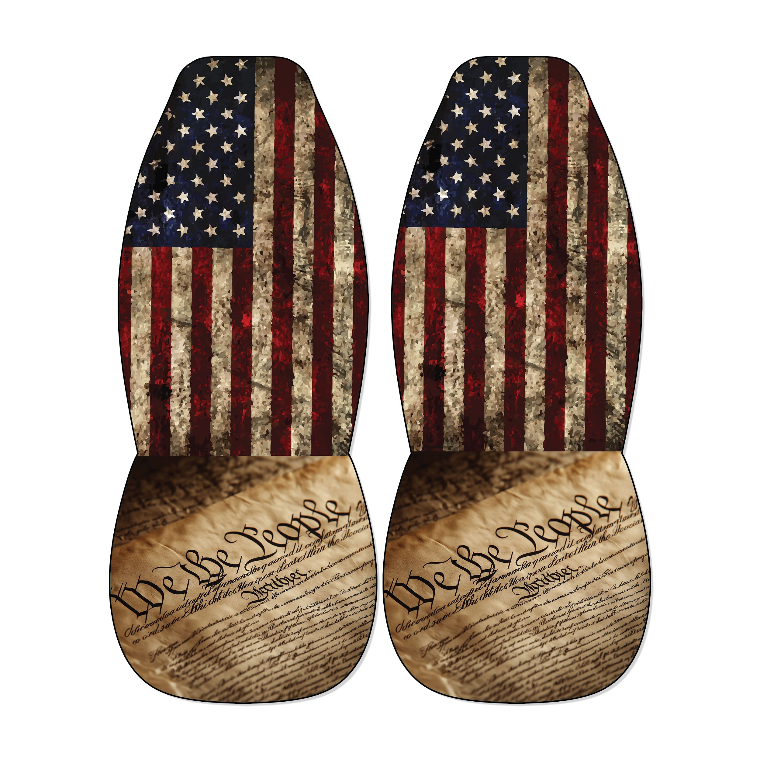 two car seat covers with the American flag design and the phrase "We be people" printed on them.