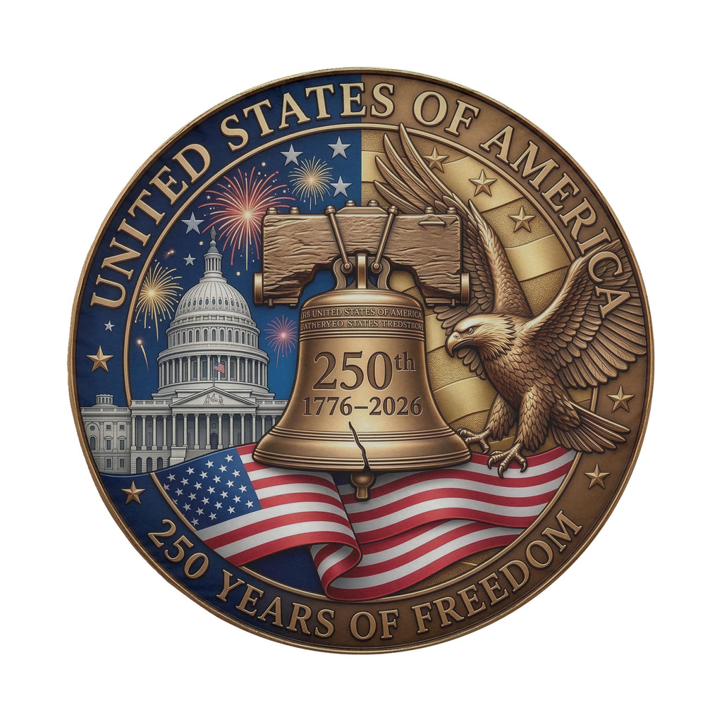 The image is a commemorative coin celebrating the 250th anniversary of the United States of America. It features the iconic Liberty Bell, the United States Capitol building, and an eagle, all set against a backdrop of fireworks and the American flag.