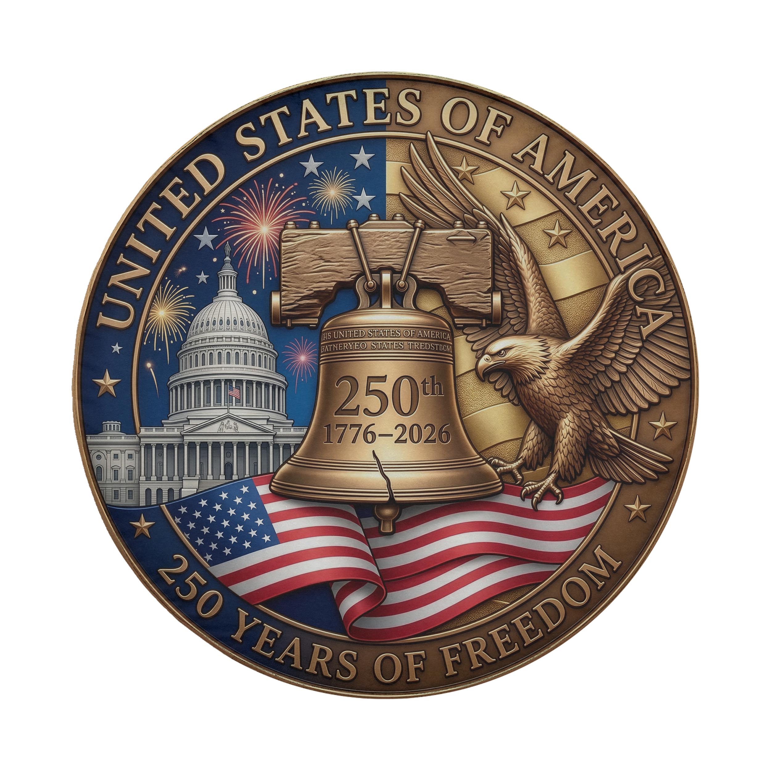 The image is a commemorative coin celebrating the 250th anniversary of the United States of America. It features the iconic Liberty Bell, the United States Capitol building, and an eagle, all set against a backdrop of fireworks and the American flag.