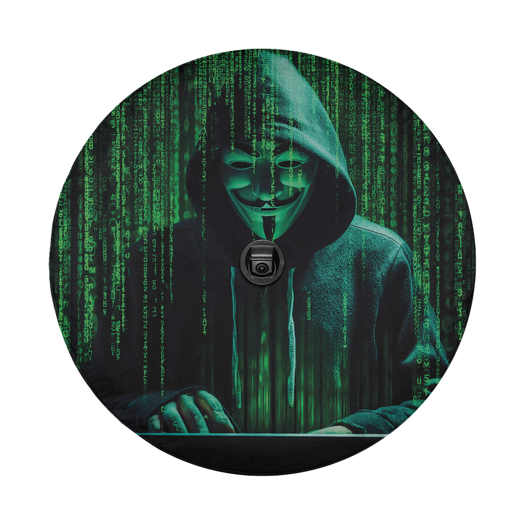 A person wearing a black hooded jacket and a mask is shown in a dark, mysterious setting with a green, digital-looking background.