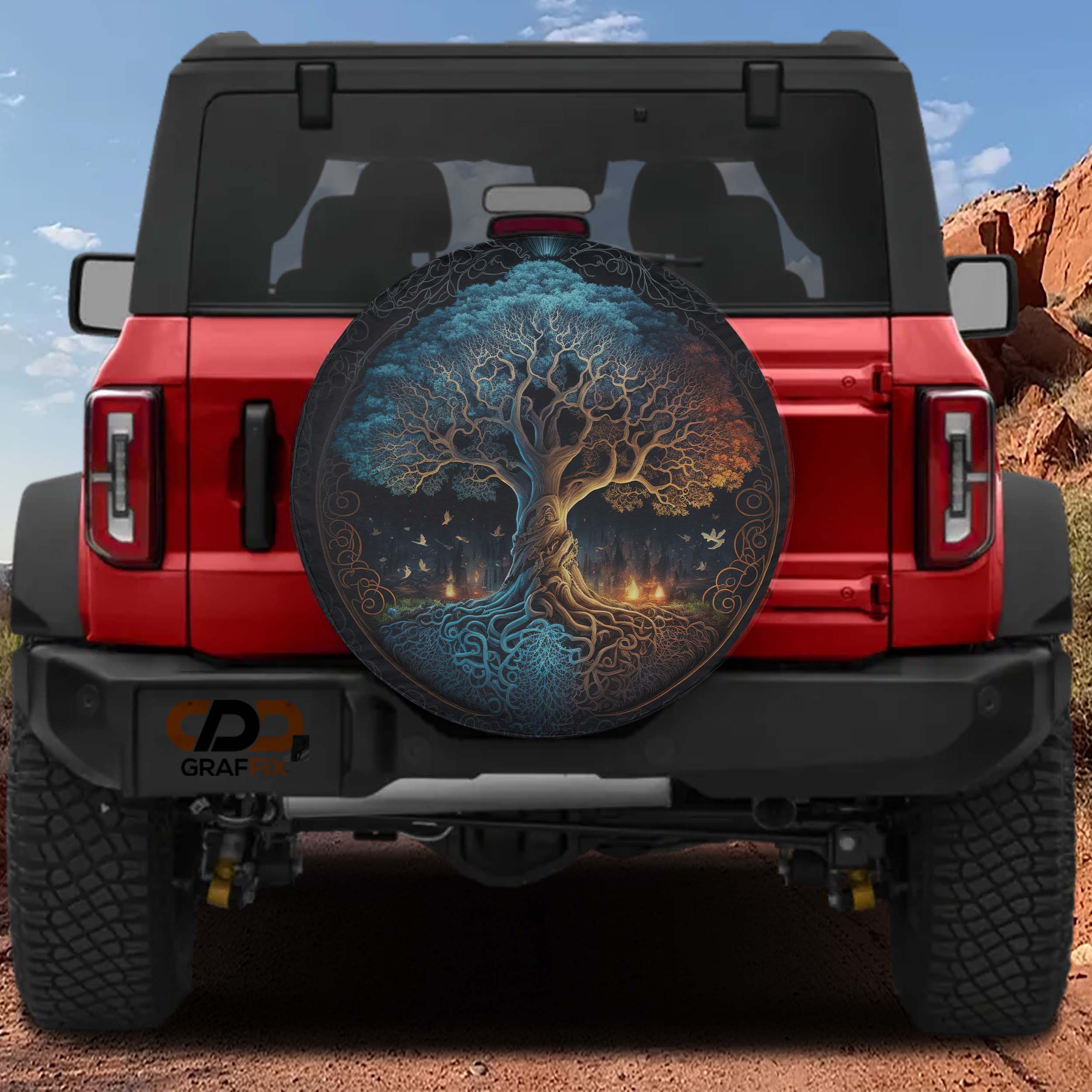 Tree of Life Norse design on black Jeep showing teal orange branches Celtic roots with GRAFFIX plate