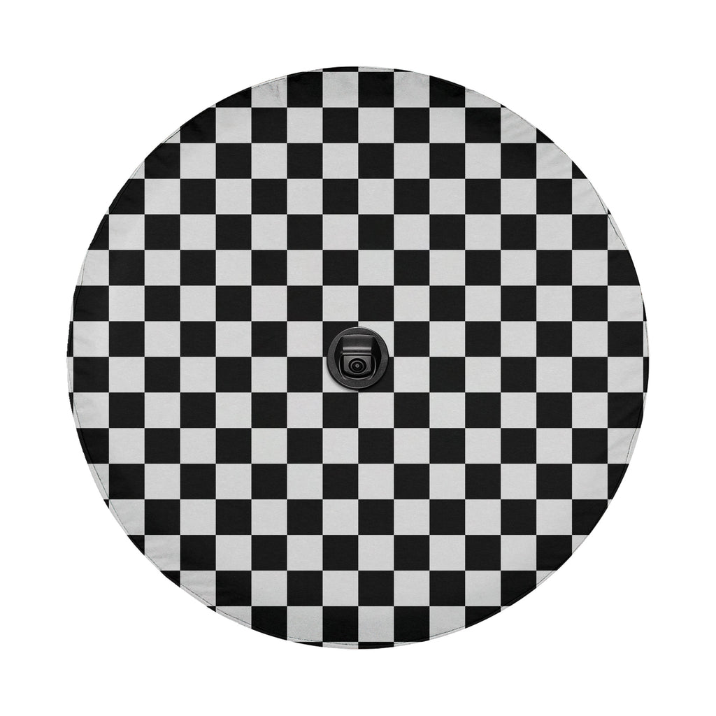 Black and white checkered board spare tire cover flat view with rear-view camera cutout hole