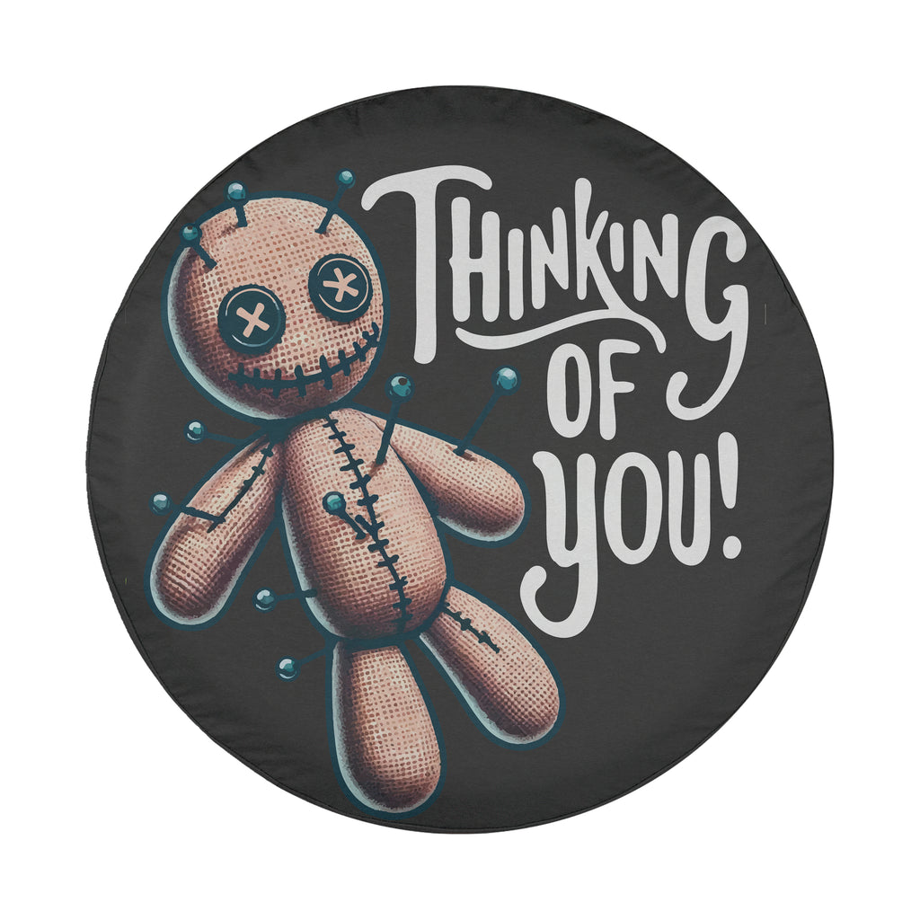 Voodoo doll spare tire cover lifestyle shot installed on SUV outdoors