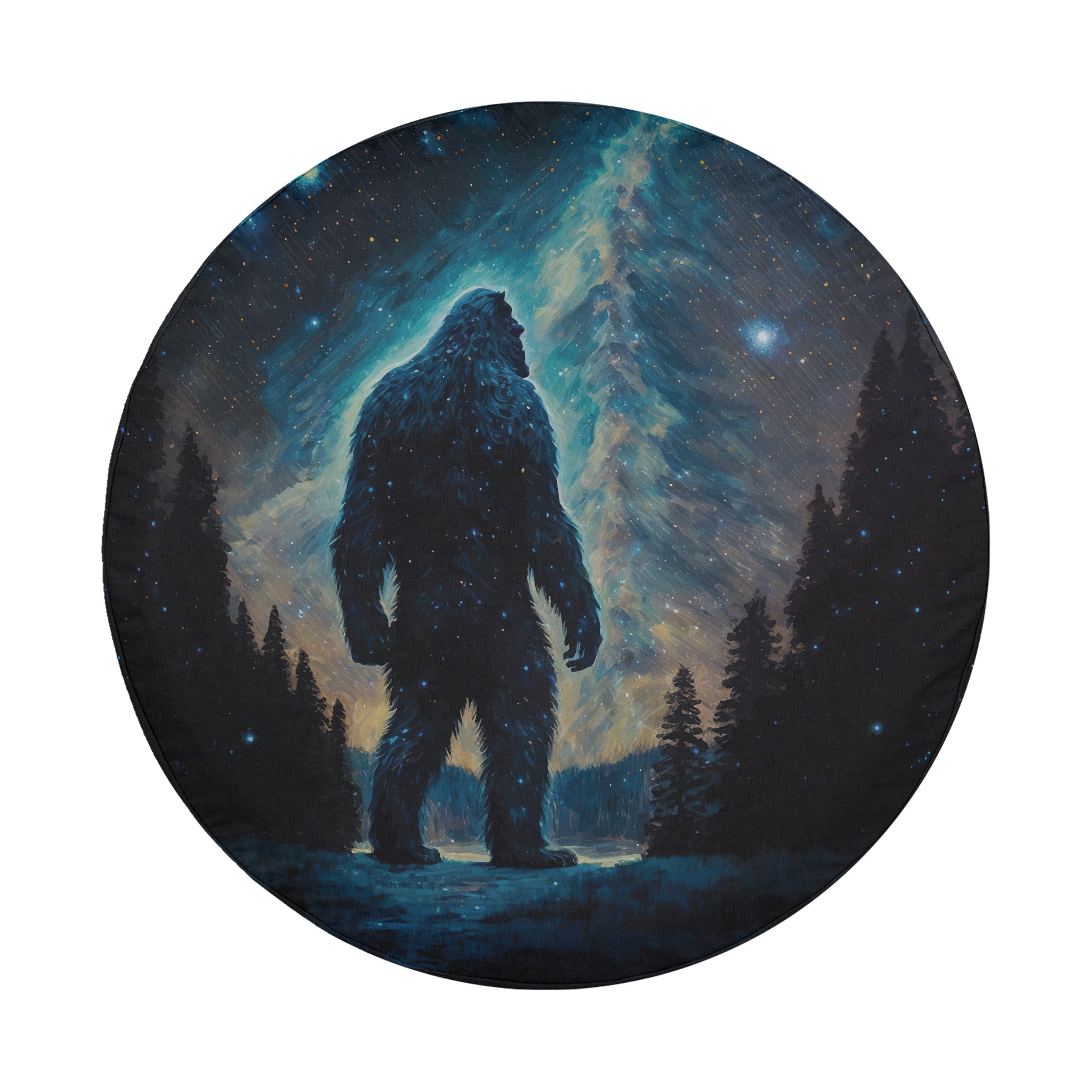 Black Jeep displaying Celestial Yeti Chronicles spare tire cover with cosmic sasquatch scene